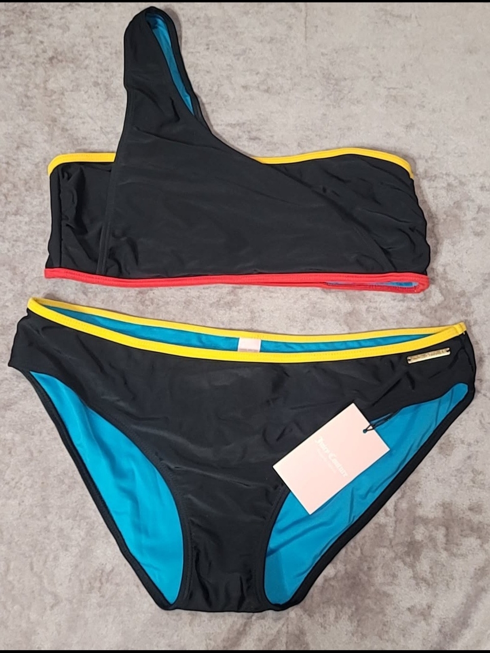 Juicy Couture Black One-Shoulder Bikini with Yellow and Red Trim